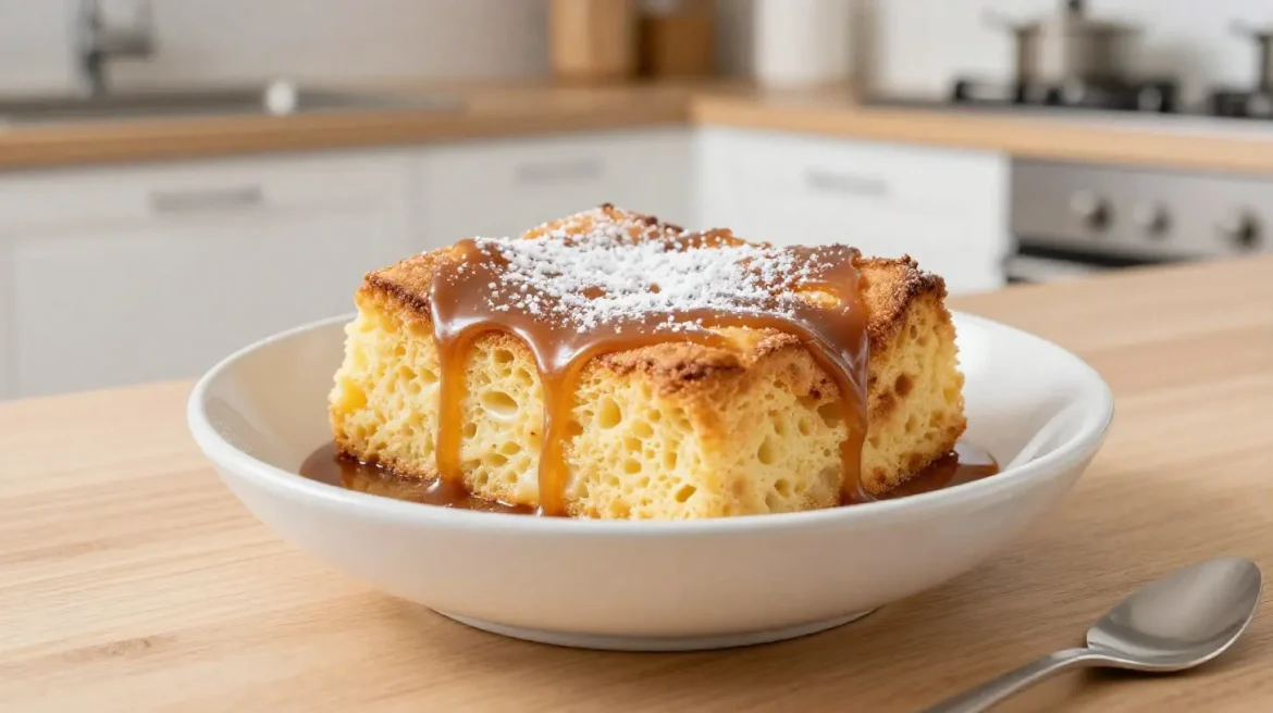 Heerlijke broodpudding in de Airfryer met een gouden korst en een romige vulling.