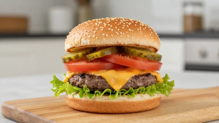 Heerlijke cheeseburger bereid in de airfryer met perfect gesmolten kaas.