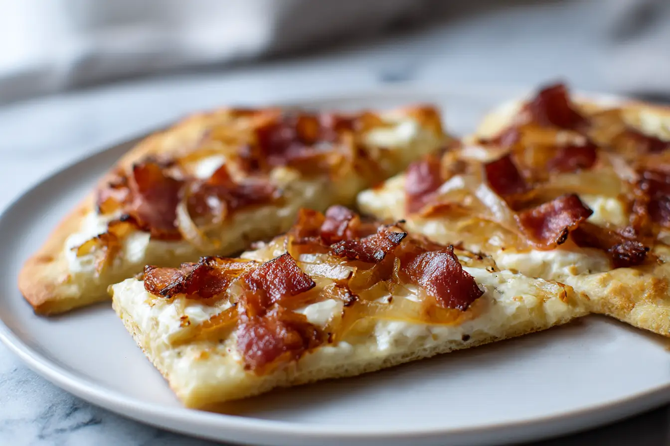 Flammkuchen airfryer bereid met heerlijke ingrediënten.