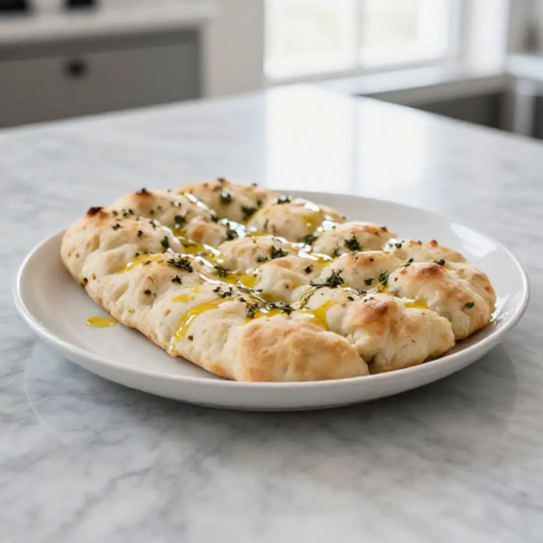 Focaccia in de airfryer met verschillende kruiden en olijfolie.