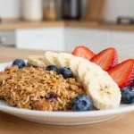 Heerlijke gebakken havermout met vers fruit voor een energieke start van de dag.