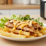Heerlijke kapsalon bereid in de Airfryer met krokante frietjes en vlees.