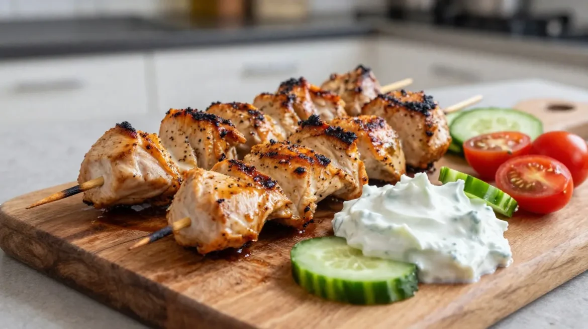 Kip souvlaki in de Airfryer Heerlijke kip souvlaki bereid in de Airfryer met perfect gegarneerde groenten.