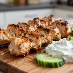 Heerlijke kip souvlaki bereid in de Airfryer met perfect gegarneerde groenten.