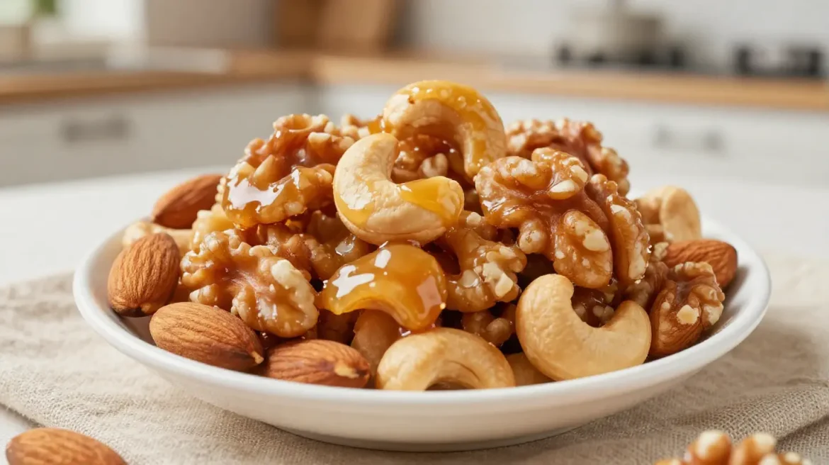 Heerlijke notenmix met karamel, perfect bereid in de Airfryer.