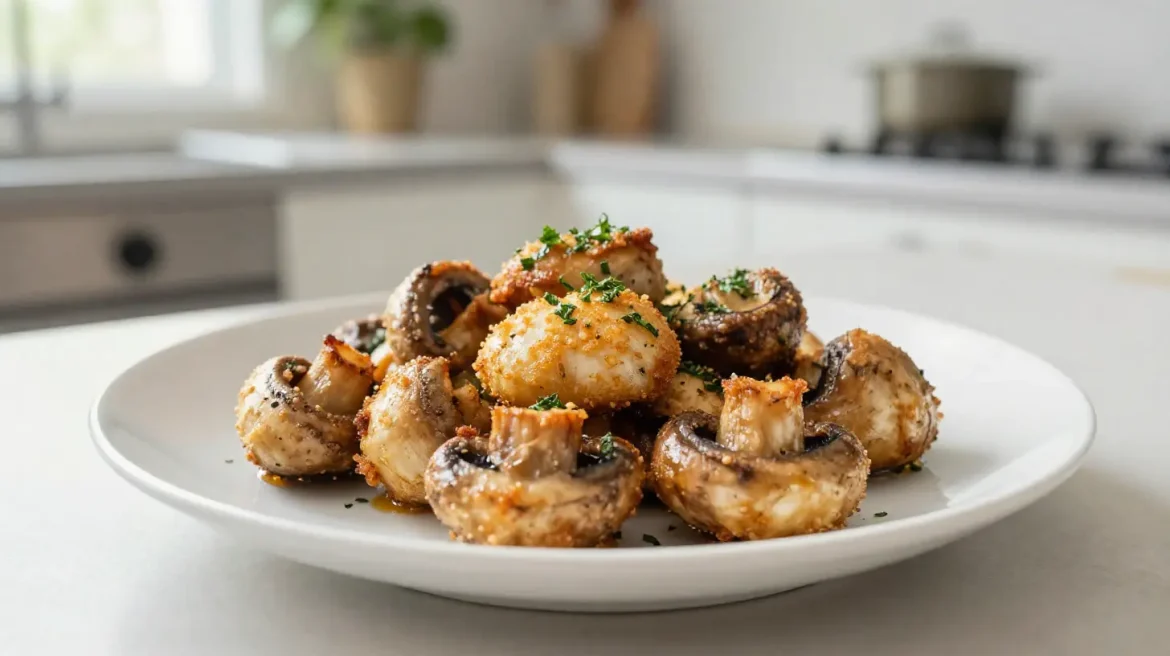 Heerlijke paddenstoelen met knoflook bereid in de airfryer voor een krokante bite.
