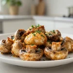 Heerlijke paddenstoelen met knoflook bereid in de airfryer voor een krokante bite.