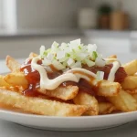 Heerlijke patatje oorlog gemaakt in de Airfryer met zachte satésaus en frisse uitjes.
