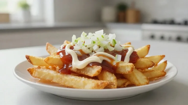 Heerlijke patatje oorlog gemaakt in de Airfryer met zachte satésaus en frisse uitjes.