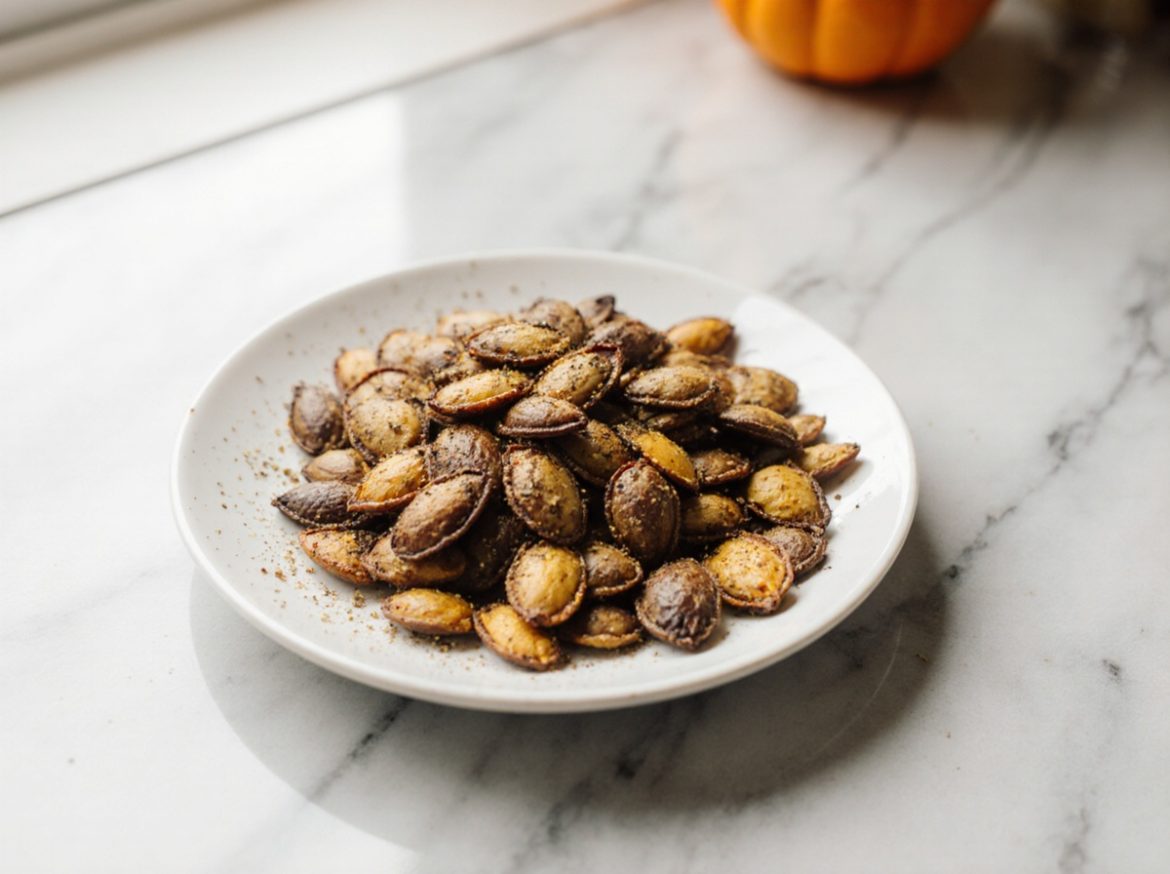 Pompoenpitten Roosteren in de Airfryer Pompoenpitten worden geroosterd in de airfryer.