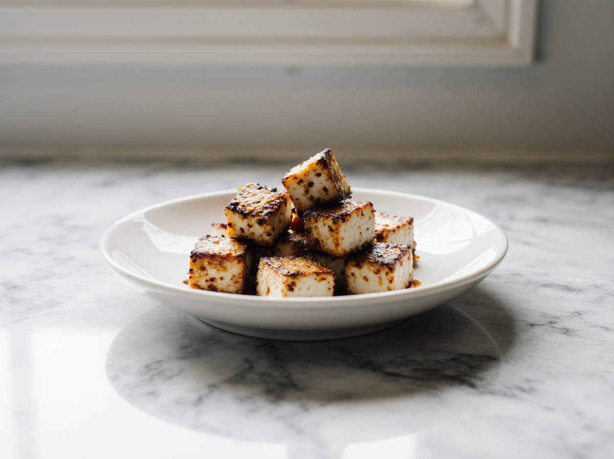 Kruidige tofu bereid in de airfryer.